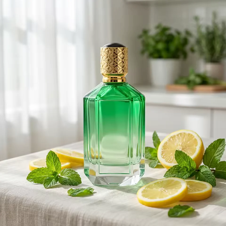 Green Glass Perfume Bottle with Pump Sprayer