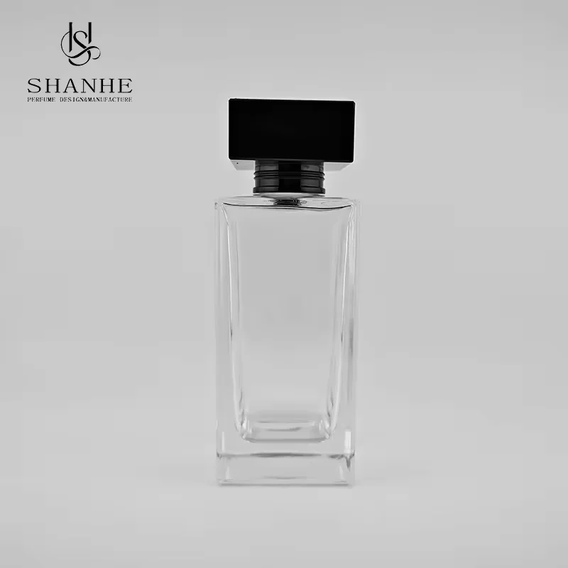 Black Rectangular Glass Perfume Bottle with Crimp Neck