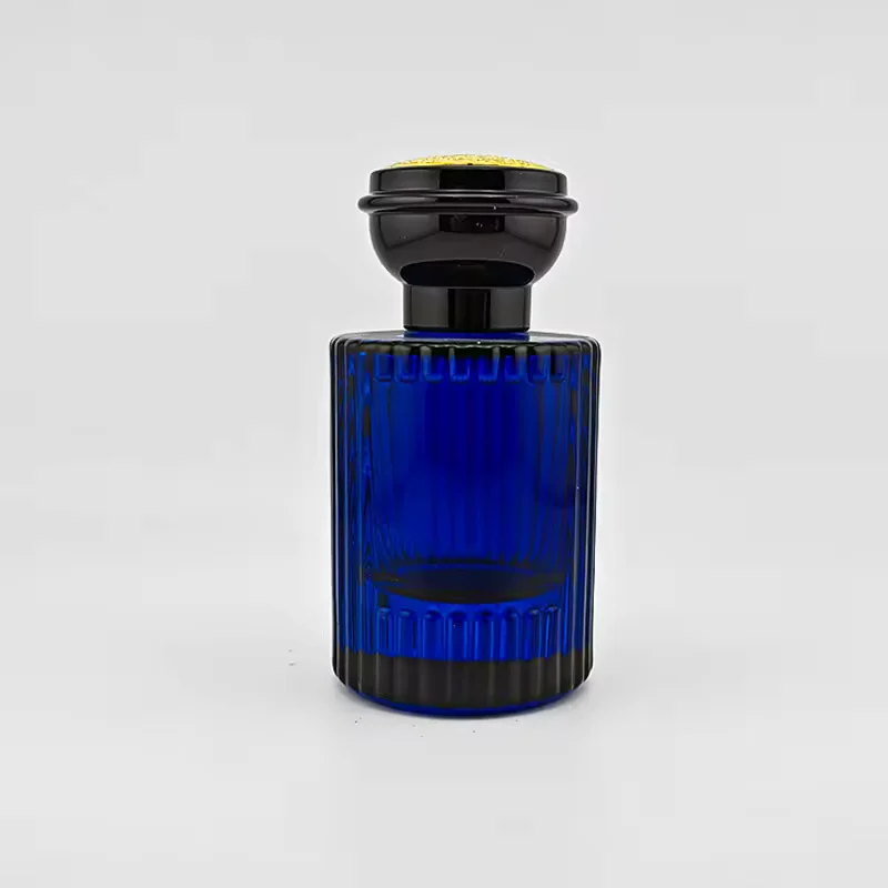 Luxury Cobalt Blue Fluted Glass Perfume Bottle with Gold Detailing Empty