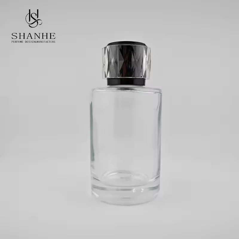 Black Cylindrical Glass Perfume Bottle with Crimp Neck