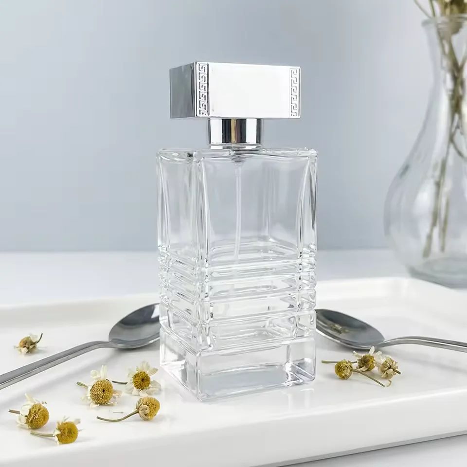 Clear Square Glass Perfume Bottle with Pump Sprayer