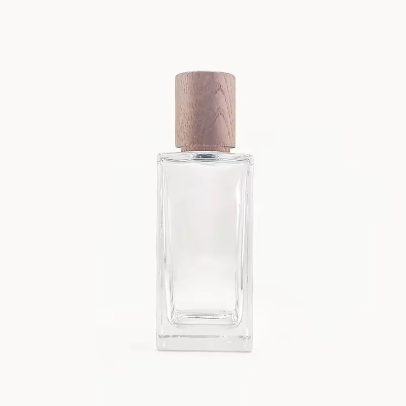 Clear Square Glass Perfume Bottle with Wood Cap